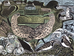 Fair Isle Curlews and the South Light House Print by Angela Harding