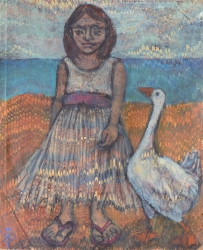 Girl with Goose Painting by Sula Rubens