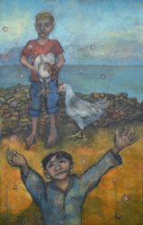 Two Boys with Chicken and Bubbles Painting by Sula Rubens
